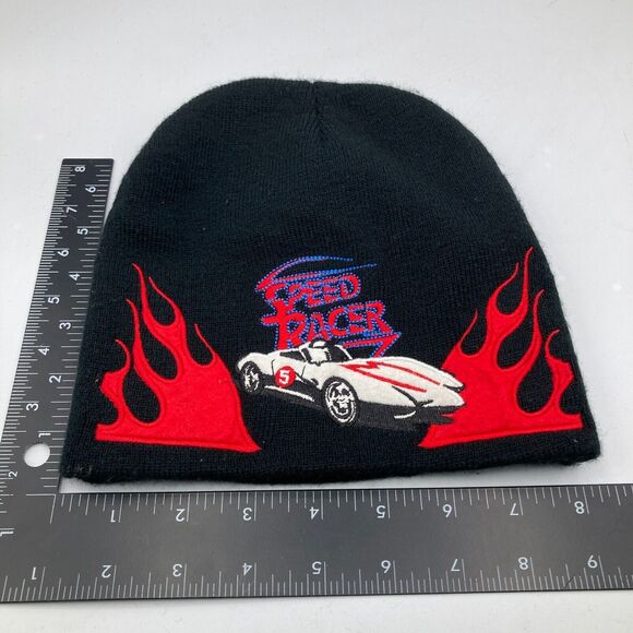 VINTAGE SPEED RACER BLACK KNIT BEANIE CAP HAT RACING FLAMES 5 - Picture 7 of 7
